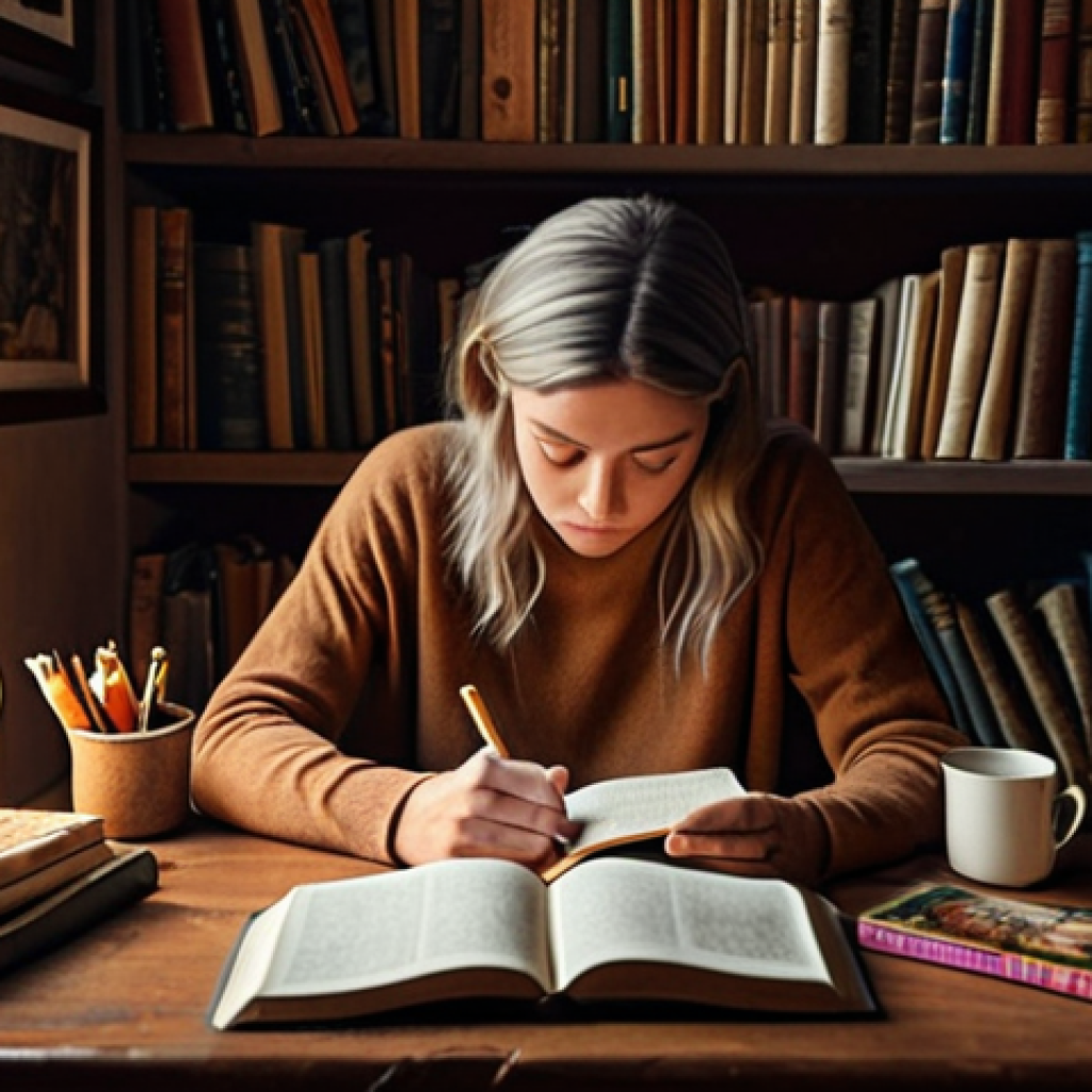 **A person journaling in a cozy room, surrounded by books and comforting objects.** This should evoke a sense of introspection and emotional refuge.