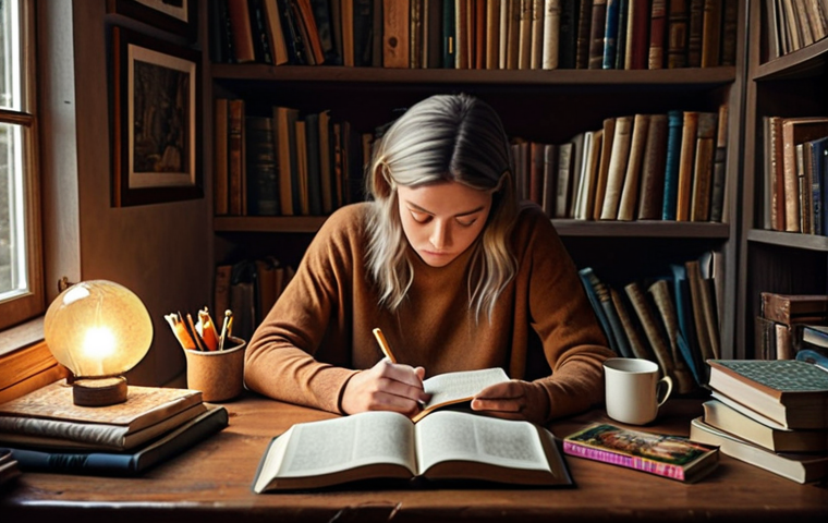 **A person journaling in a cozy room, surrounded by books and comforting objects.** This should evoke a sense of introspection and emotional refuge.