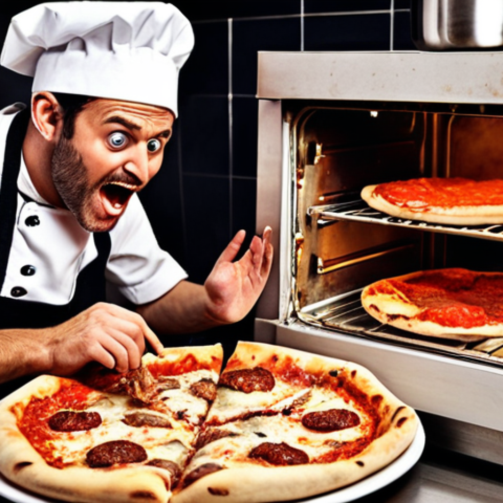 **A disastrous attempt at Neapolitan pizza:** Focus on a comical, slightly chaotic kitchen scene. Include elements like sticky dough, burnt mozzarella, acidic-looking tomato sauce, and someone looking comically frustrated but also amused. Style: A warm, slightly humorous, slightly messy, realistic photograph.