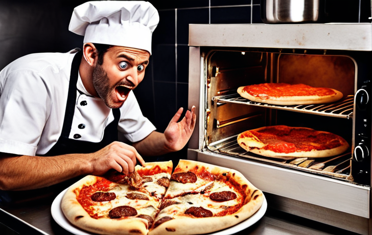 **A disastrous attempt at Neapolitan pizza:** Focus on a comical, slightly chaotic kitchen scene. Include elements like sticky dough, burnt mozzarella, acidic-looking tomato sauce, and someone looking comically frustrated but also amused. Style: A warm, slightly humorous, slightly messy, realistic photograph.