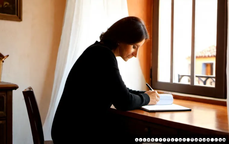 직관을 활용한 창의적 글쓰기 기법 - Photorealistic creative writing scene in a sunlit Italian apartment, thoughtful middle-aged woman si...