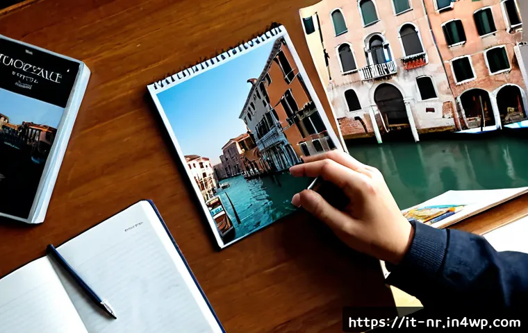 Home 15 사진을 활용한 창의적 글쓰기 연습 - Photorealistic overhead view of an Italian writer’s workspace for creative writing practice, a pair ...